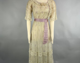 1900s/1910 Antique Floral Net Dress XS, Edwardian Sheer Floor length with Lilac Trim, Titanic Era Lawn Dress VFG