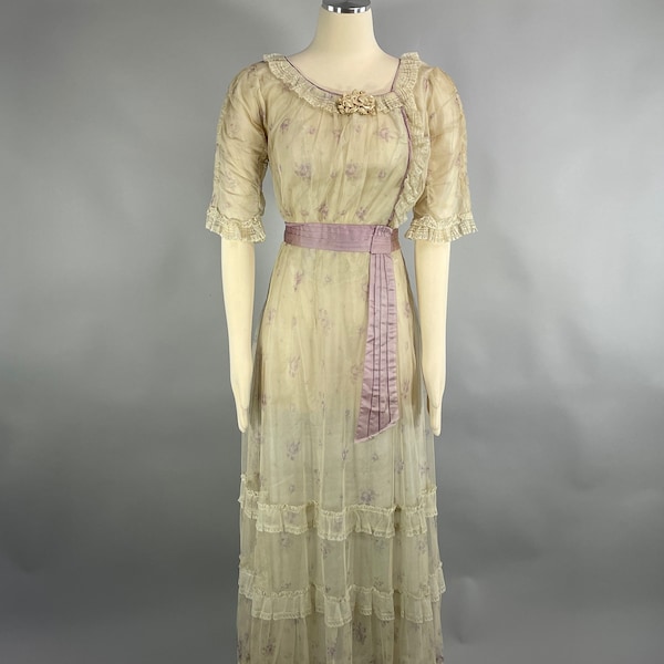 1900s/1910 Antique Floral Net Dress XS, Edwardian Sheer Floor length with Lilac Trim, Titanic Era Lawn Dress VFG