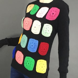 1970s Multi Color Granny Square Sweater, Size S Vintage Black Grannycore Pullover Jumper Sweater image 3