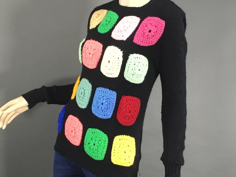 1970s Multi Color Granny Square Sweater, Size S Vintage Black Grannycore Pullover Jumper Sweater image 3