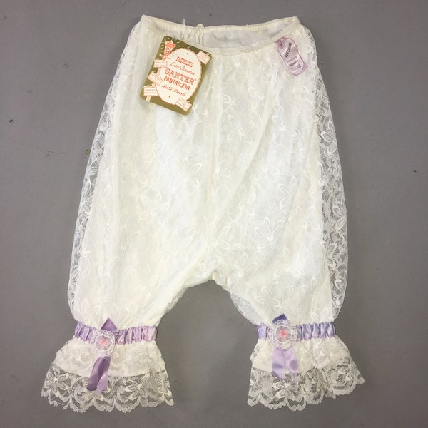 1960s Pettipants NWT, Vintage White Lace Garter Pantaloon, Purple Ribbon Bloomers Pin Up Lingerie, Costume Boudoir  Summer Shorts ,XSmall