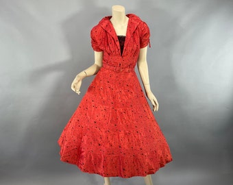 Vintage Late 1940's - 1950's Red Atomic Novelty Print Day Dress, Matching Belt Quilted Fit and Flare Skirt, New Look Style, Size XS - S, VFG