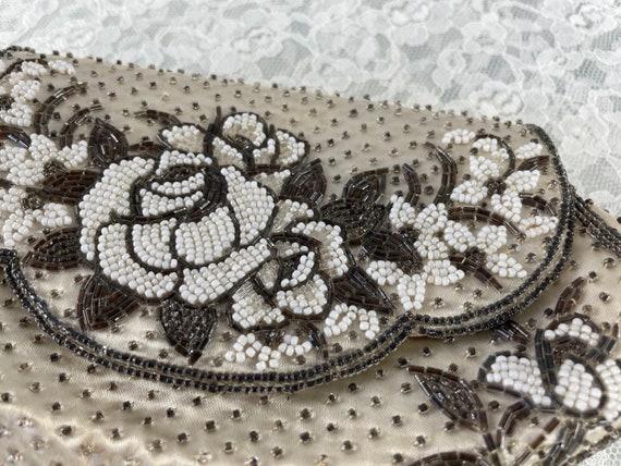 1930s Beaded Clutch, Vintage White Satin Silver B… - image 3