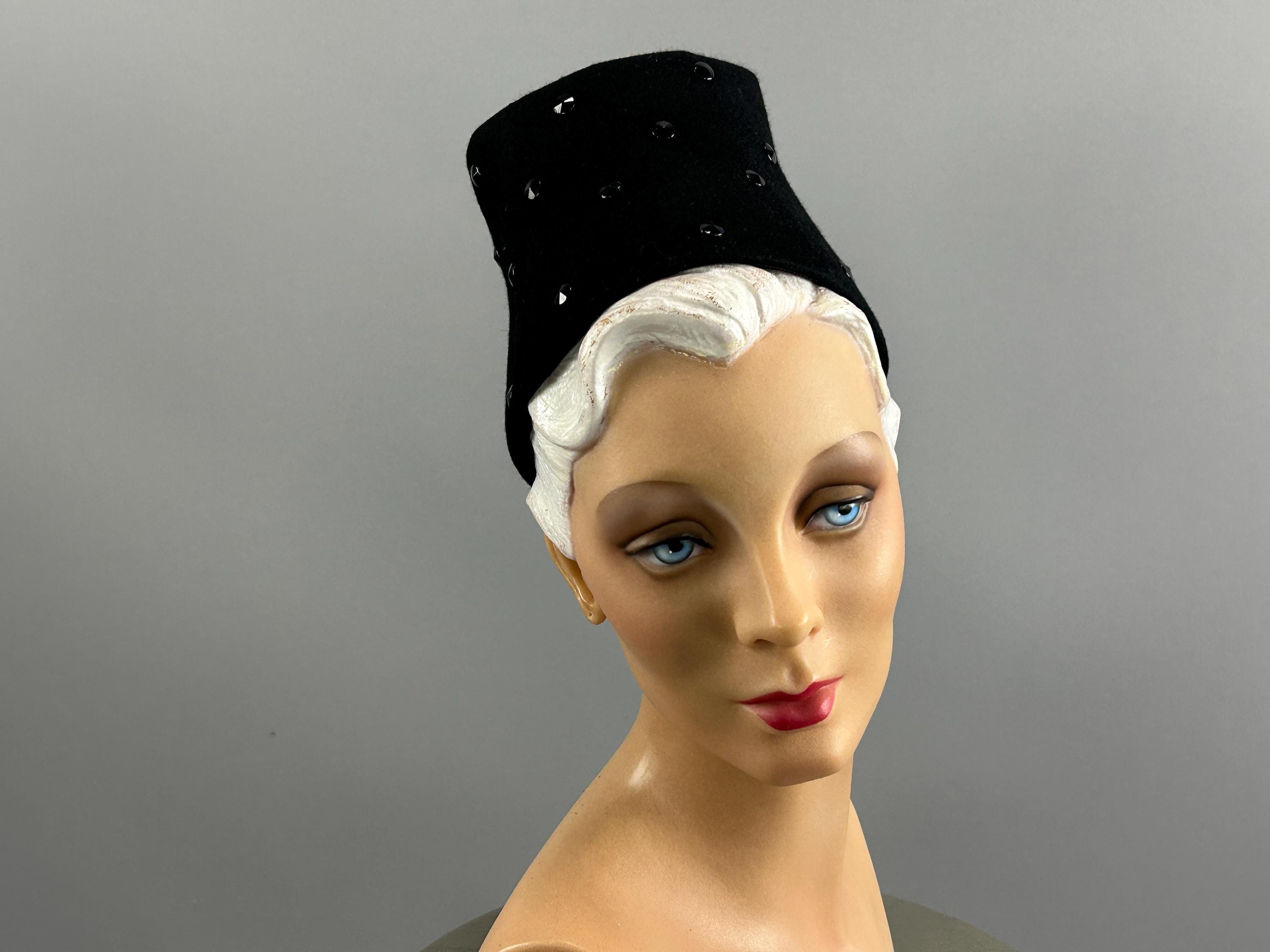 1940s Black Felt Military Hat w/ Jet Beads | Tall Vintage New York Creation Hat 1940s Military Hat - Etsy main image 3