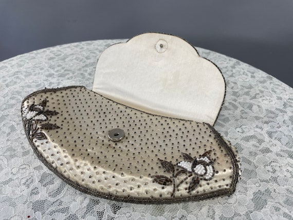 1930s Beaded Clutch, Vintage White Satin Silver B… - image 4