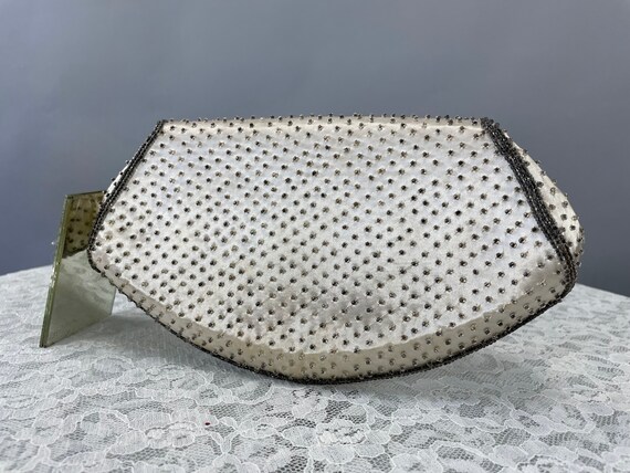 1930s Beaded Clutch, Vintage White Satin Silver B… - image 9