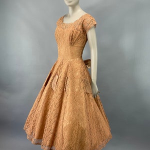 1950s Peach Floral Lace Sequins Party Dress, XS Cupcake Tulle Full Skirt Large Bow, Prom Alt Wedding Elopement Reception Dress, VFG image 6