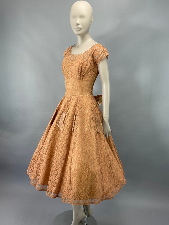 1950s Peach Floral Lace Sequins Party Dress, XS C… - image 6