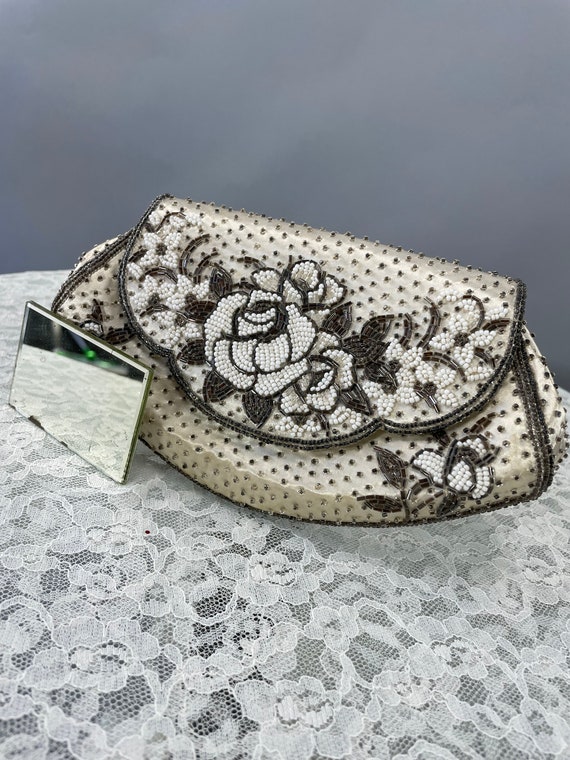 1930s Beaded Clutch, Vintage White Satin Silver B… - image 10