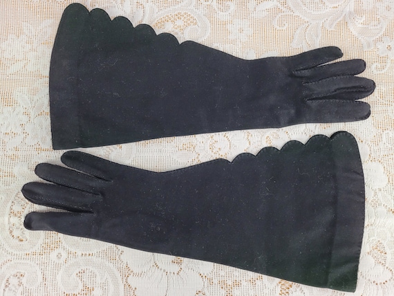 Vintage Lilly Dache Gloves, 1950s Black Cotton Elb