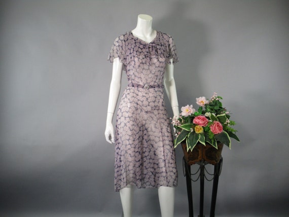 1930s Sheer Chiffon Floral Dress, Vintage Bias C