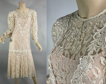 1980s Cachet By Bari Protas Ivory Lace and Peach Dress, Ivory Lace Dress Pearl Rhinestone Trim Party  Formal Wedding Reception, S/M VFG