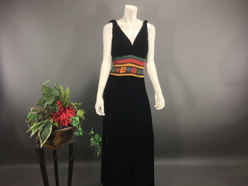 Old Hollywood ng Dress 1930s Black Silk Velvet Dress Vintage Bias Cut Size M Art Deco Motif Plunge Neck Sleeveless Evening Gown
