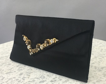 1940s / 50s Black Satin Clutch, Vintage Envelope Style Reposse Gold Flowers & Rhinestone Maxim