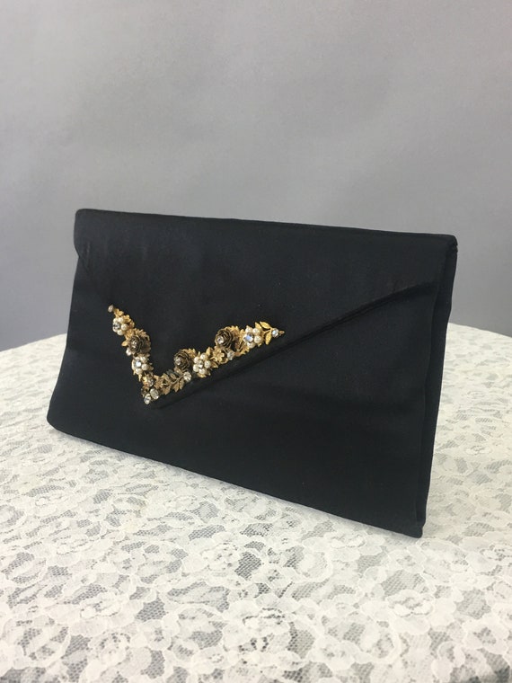 1940s / 50s Black Satin Clutch, Vintage Envelope S