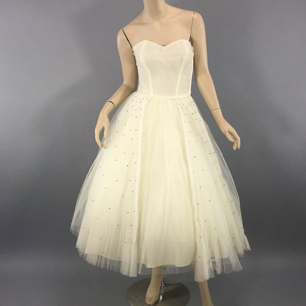 1950s Fred Perlberg Ivory Tulle Dress, Vintage Tea Length Net Dance Dress,50s Rhinestone Strapless Size S