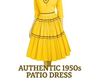 Vintage 1950s Yellow Cotton Patio Dress Set w/ Rick Rack Trim, Square Dance Circle Skirt, Fit & Flare Blouse, XS | Western Fiesta Style VFG