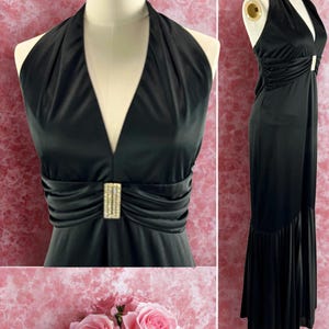 Vintage 90s Niki Black Halter Evening Gown, Rhinestone Waist, Size 12, Long Formal Cocktail Dress Prom Black Tie Hollywood Glam Party - VFG