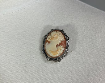 Antique Cameo Brooch, Art  Deco Sterling Silver Filigree Pin, 1920s  Bezel Set Hand Carved Shell Portrait Flora, Special Occasion Gift VFG