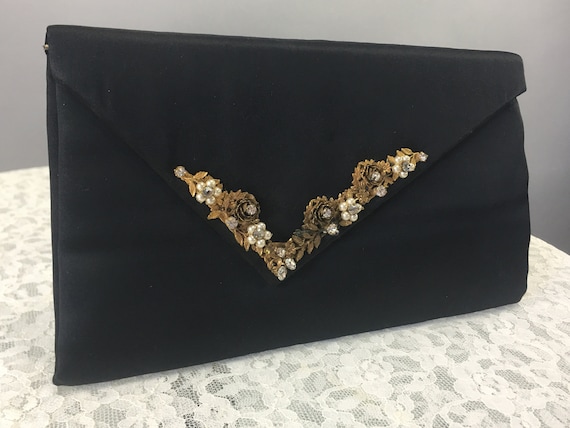 1940s / 50s Black Satin Clutch, Vintage Envelope … - image 2