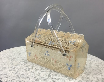 Rare 1950s Lucite Purse, Lace with Painted Blue and Pink Flowers, Top Handle 50s Handbag, Rockabilly Bag, VFG