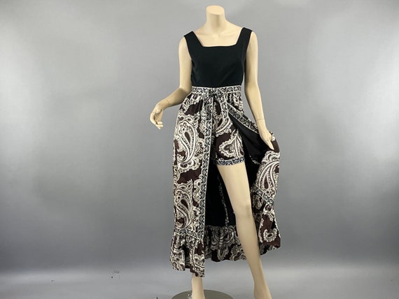 1960s Floral Paisley Dress With Hot Pants, Black Knit Top Floral  