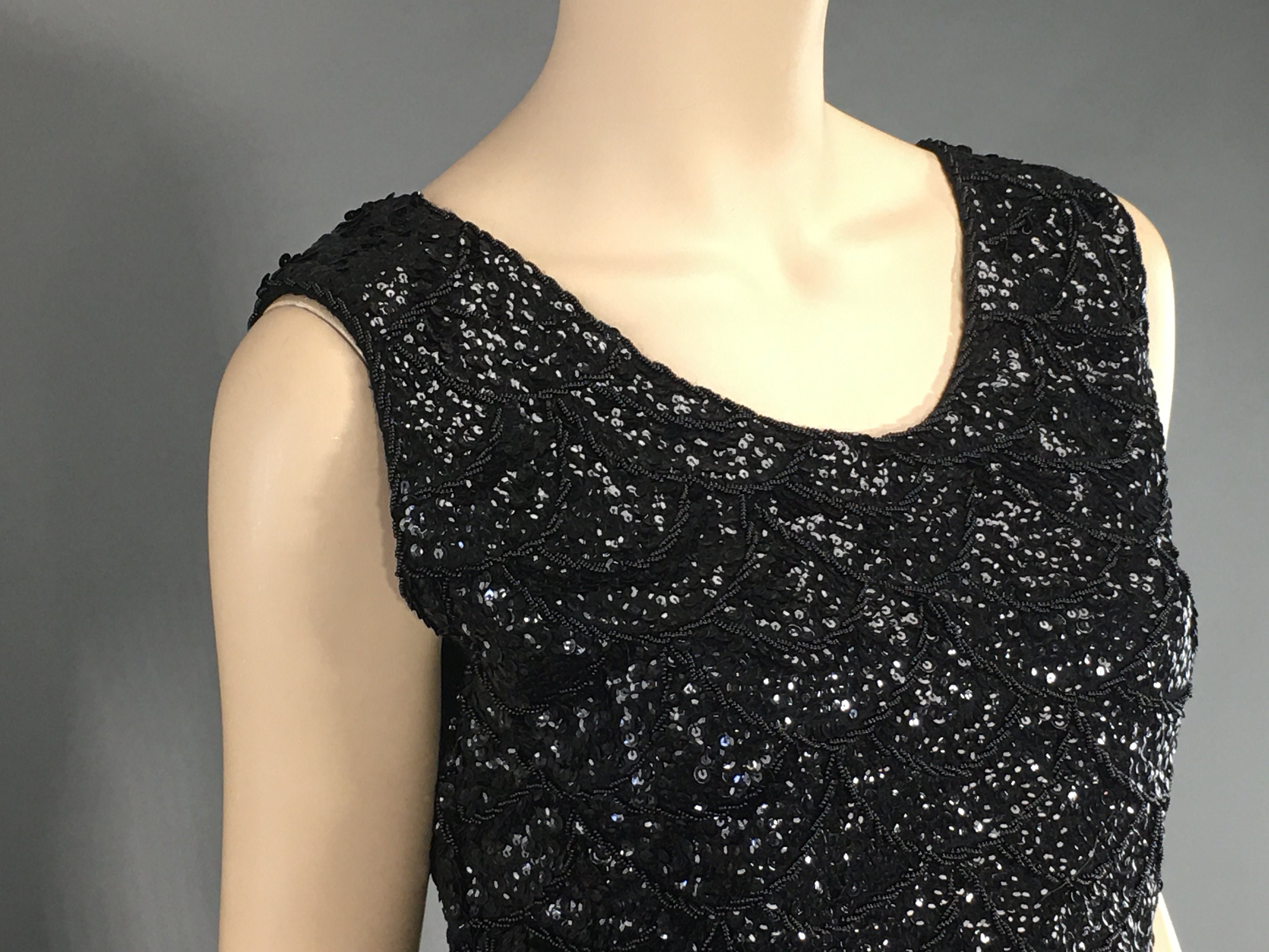 Black Beaded Top Vintage 1960s Evening Sequin Sleeveless Knit | Etsy