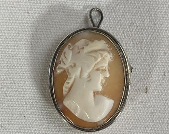 Antique Edwardian Cameo Brooch Pendent, Sterling Silver Portrait of Roman Women, Bezel Set Hand Carved Shell Cameo Pin, Gift VFG