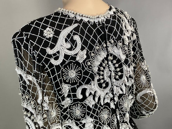 Vintage 1980's Silk White and Black Beaded Dress,… - image 7