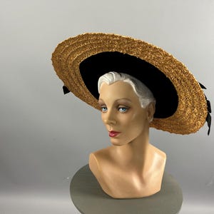 1940s Wide Brim Straw Hat with Black Velvet Trim, Vintage Glamorous Garden Party Hat Retro Summer Accessory, Old Hollywood Style, Sz 22, VFG
