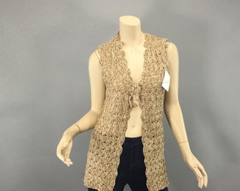 Vintage 1970s Tan Crochet Vest, New Ols Stock Carmel Knit Hippie Long Sweater, Mod Helen Sue Festival Tie Front SMall VFG