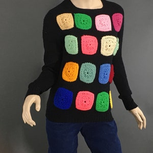 1970s Multi Color Granny Square Sweater, Size S Vintage Black Grannycore Pullover Jumper Sweater image 2