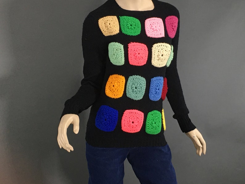 1970s Multi Color Granny Square Sweater, Size S Vintage Black Grannycore Pullover Jumper Sweater image 2