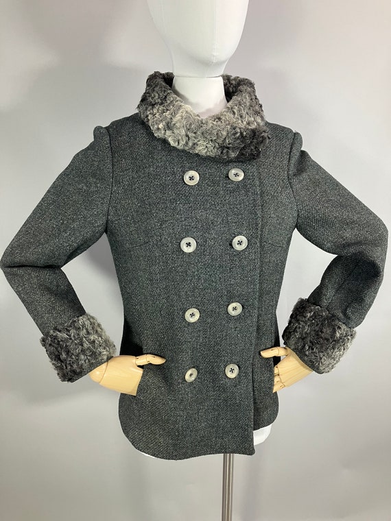 Vintage 1960s Grey Wool Coat with Fur Collar Cuff… - image 1