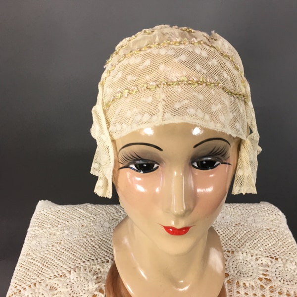 Antique  Edwardian/ 1920s Lace  Ribbon Rose Boudoir Cap,Art Deco Nightcap, Lace Cloche, Boudoir Lingerie, Sleeping Bonnet, VFG