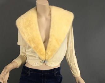 1950s 60s Cashmere and Mink Sweater,  Vintage Ivory Mink Collar, White Pearl and Braid Trim Cropped Cardigan Size M -L