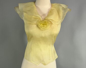 Vintage 1930's / 1940's Sheer Butter Yellow Tulle Yellow Bib Collar, Double Ruffle and Rosette  Jabor/ Dickie, VFG