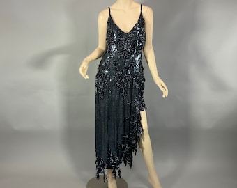 1980s Does 20s Howard Heartsfield Black Sequin Party Dress, Vintage Silk Beaded 3D Flowers Formal Evening Prom Dress, Asymmetrical Hem  M