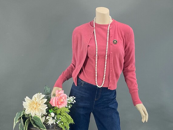 1950s Rose Pink Lambswool Cardigan Set, Vintage 50