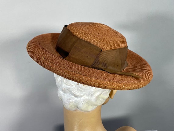 1940s Straw Hat, Vintage Mocha Brown Boater Hat, … - image 2