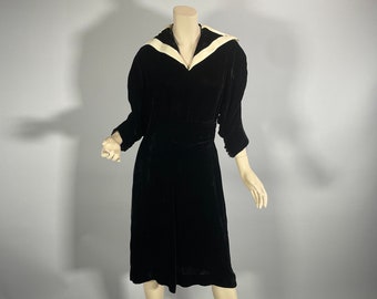 1930s Black Silk Velvet Dress, 30s Vintage S-M White Pin Tuck Pointed Collar, Self Belt Button Cuffs Deco Day Dress VFG