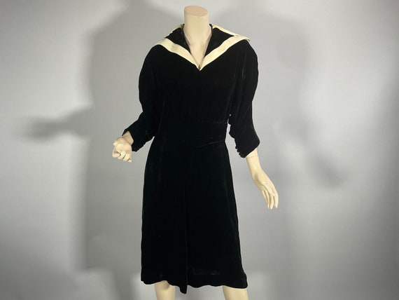 1930s Black Silk Velvet Dress, 30s Vintage S-M Wh… - image 1