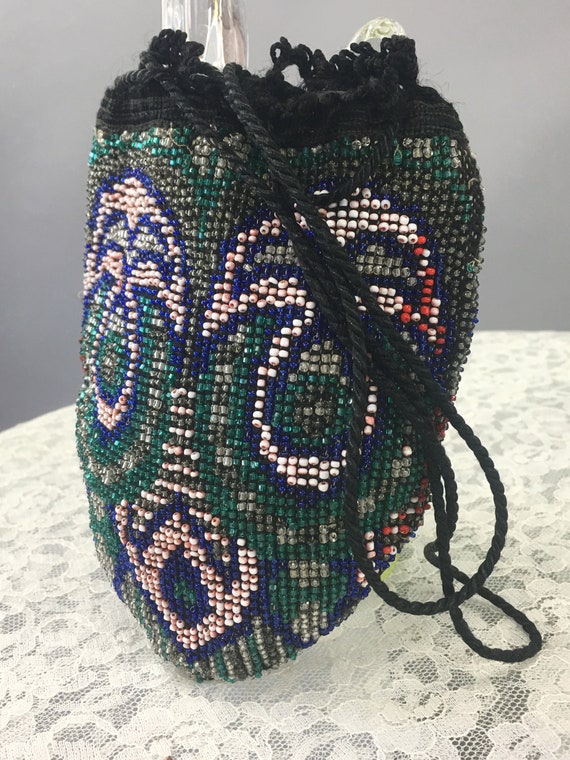 Antique 1910s / 1920s Scroll Beaded Purse, Drawst… - image 8