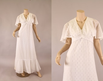 1970s White Eyelet Maxi Dress, Vintage Cotton Empire Waist, Cape Sleeves, Wedding Reception, Elopement, Party Prom Dress Size S VFG