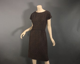 1950s Black and Brown Wiggle Dress, Vintage 50s, Size L, Day Dress By Nelson Caine