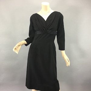 Classic 1950s Little Black Dress, Vintage M Wool Pencil Dress, Abe Schrader Wiggle V Neckline, Sheath Satin Bow Crepe Lined Medium, VFG