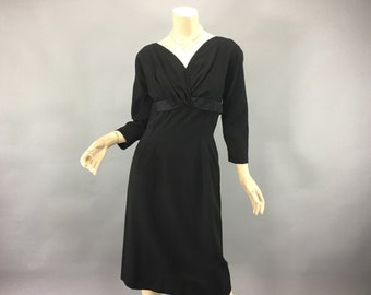 Classic 50s / 60s Little Black Dress, Vintage Wool Pencil Dress, Abe Schrader Deep V Neckline, Satin Bow, Large, VFG