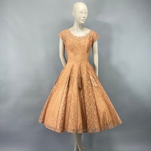 1950s Peach Floral Lace Sequins Party Dress, XS Cupcake Tulle Full Skirt Large Bow, Prom Alt Wedding Elopement Reception Dress, VFG image 1