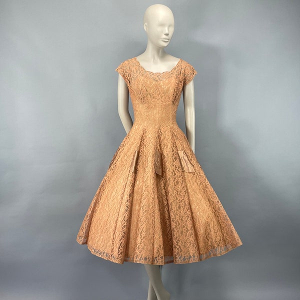 1950s Peach Floral Lace Sequins Party Dress, XS Cupcake Tulle Full Skirt Large Bow, Prom Alt Wedding Elopement Reception Dress,  VFG