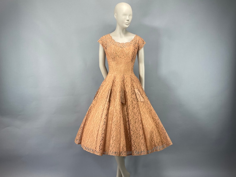 1950s Peach Floral Lace Sequins Party Dress, XS Cupcake Tulle Full Skirt Large Bow, Prom Alt Wedding Elopement Reception Dress, VFG image 1